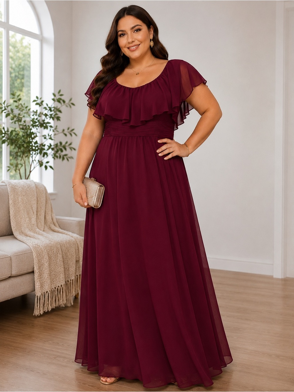 Ever Pretty Burgundy Flutter-Sleeve Maxi Dress